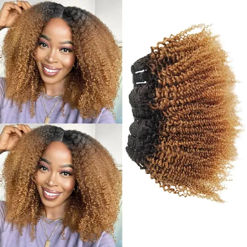 Vista 12 de Paquetes de Cabello Humano Rizado Afro Kinky Ombré Mongol 8 10 12 Pulgadas 1B/30 Negro Marrón 4B 4C Paquetes de Cabello Humano Afro Kinky Rizado