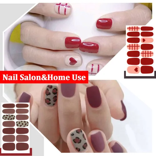 Vista 3 de 16 hojas de tiras de esmalte de uñas de color rojo a cuadros de color sólido para mujeres, calcomanías autoadhesivas de esmalte de uñas, tiras