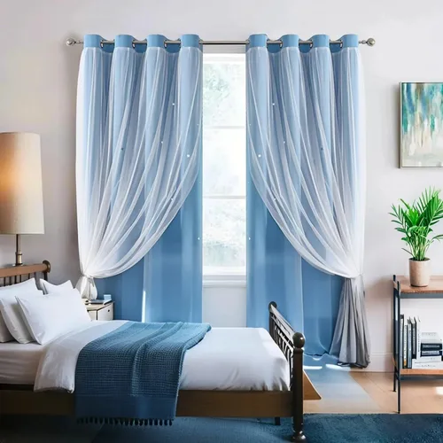 Vista 2 de Abreeze - Cortinas blackout con estrellas, de doble capa, con velo blanco y ojales superiores, para combinar, ideal para sala, y dormitorio, 1 panel