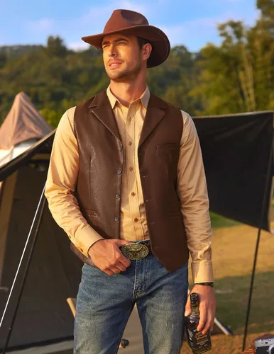 Vista 3 de COOFANDY Chaleco de cuero para hombre, chaleco casual occidental, chaqueta ligera con cuello en V, chaleco chaleco de traje