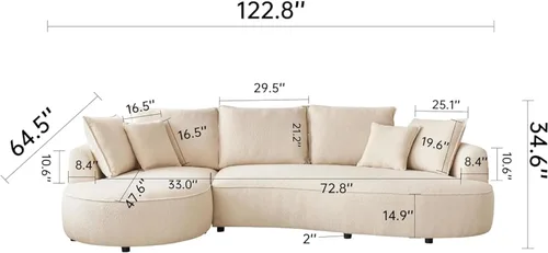 Vista 2 de Sofá curvo para sala de estar, sofá modular moderno, cómodo sofá de nube Boucle para apartamento oficina con almohadas (diván beige izquierdo)