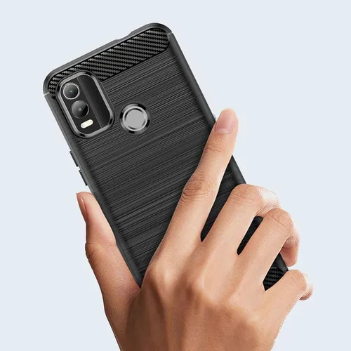 Vista 2 de Funda para Nokia C21 Plus con protector de pantalla HD, antideslizante, absorción de impactos, flexible TPU fibra de carbono, parachoques de goma
