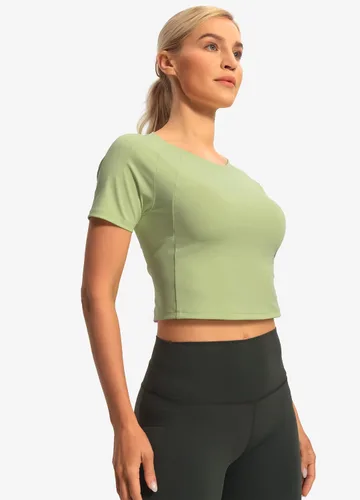 Vista 2 de Hiverlay Camiseta corta de entrenamiento de manga corta para mujer, camiseta básica atlética recortada, para yoga, gimnasio, casual, para correr