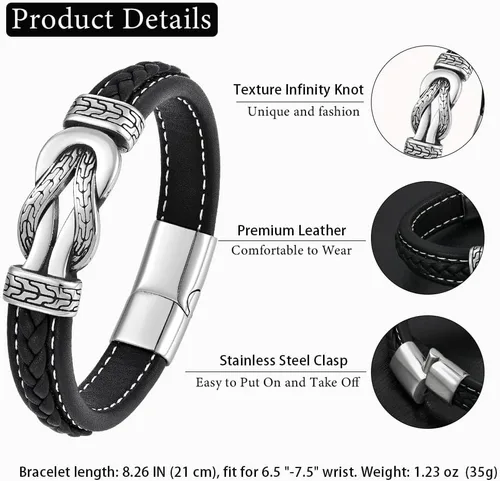 Vista 6 de Pulsera de cuero con nudo infinito para hombre, acero inoxidable, negromarrón, cuero genuino, trenzada, pulsera de joyería para hombres, padre