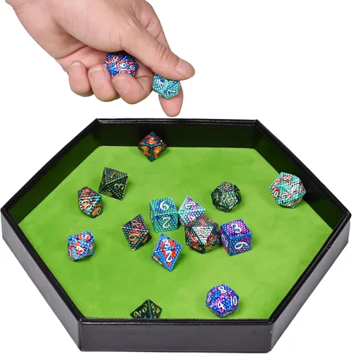 Vista 5 de DND - Bandeja de dados hexagonal 2 en 1, material de piel sintética, color verde, compatible con D&D, MTG, Dice Arena