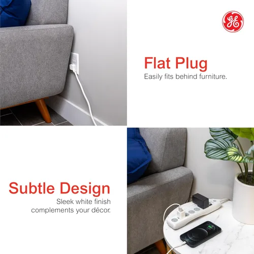Vista 3 de GE Protector contra Sobretensiones con Regleta de Enchufes, Cable de Extensión de 4 Pies, Extensor de 6 Tomas, 800 Julios, Enchufe Plano, Cubiertas