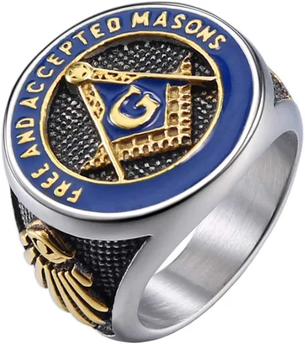 Vista 3 de IFUAQZ Anillo masónico de acero inoxidable para hombre con símbolo de masones de oro azul libre y aceptado, Metal, Sin piedras preciosas