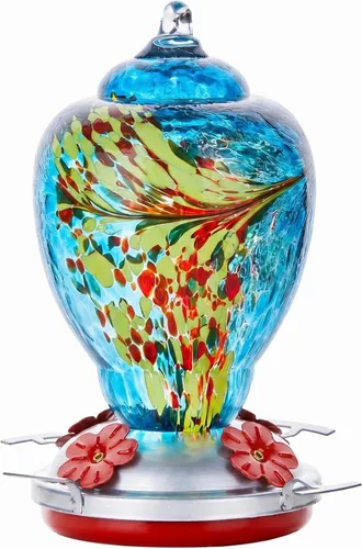 Vista 15 de WOSIBO Comedero para colibríes para exteriores, patio, grande, 32 onzas, comedero para colibríes de vidrio soplado a mano colorido con foso