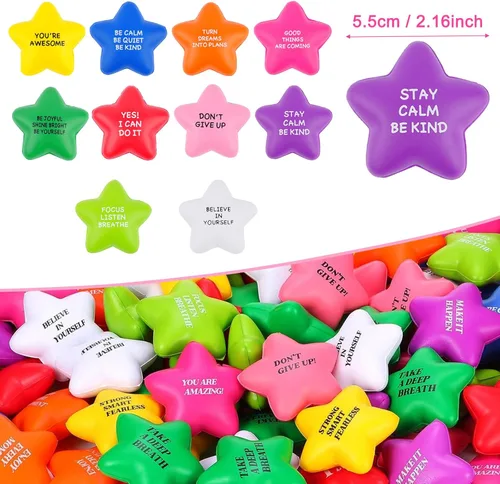 Vista 4 de SHQDD 100 pelotas antiestrés con forma de estrella a granel para adultos y niños - Citas motivacionales, juguetes de espuma suave para apretar