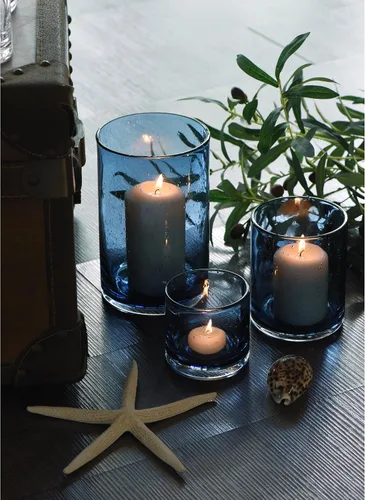 Vista 2 de Portavelas Azul para Velas de Pilar y Té, Jarrones Cilíndricos de Cristal con Burbujas Modernas Estilo Huracán, Centros de Mesa para Cocina, Isla