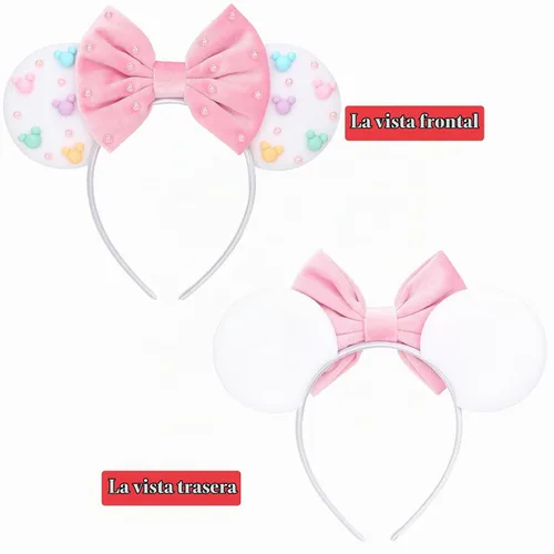 Vista 6 de DRESHOW Diademas de orejas de ratón para mujer, con orejas de Mickey y perlas blancas lisas, bandas para la cabeza de lazo, banda de terciopelo
