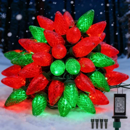 Vista 2 de Luces de Navidad C9 para exteriores, 33 pies, 50 luces LED, 8 modos de iluminación, impermeables, extensibles para interiores y exteriores, techo