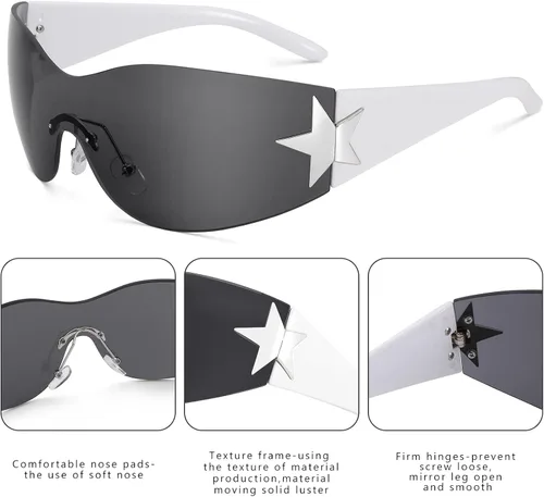 Vista 2 de Pro Acme Y2k Star - Lentes de sol envolventes para mujer, diseño de moda, sin marco, de gran tamaño, sin marco