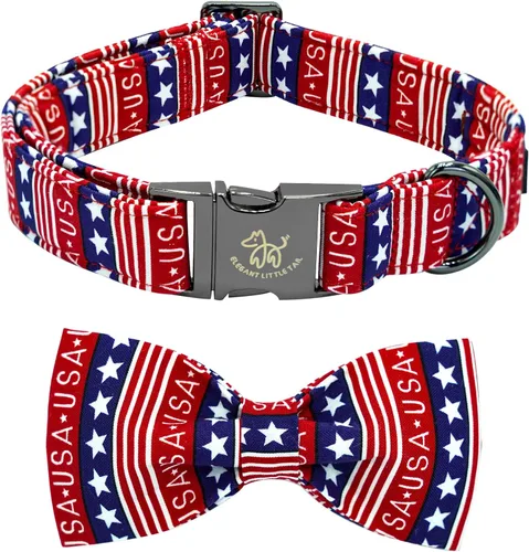 Vista 8 de Elegant little tail Independence - Collar patriótico para mascotas con pajarita para mascotas del 4 de julio de algodón suave para mascotas