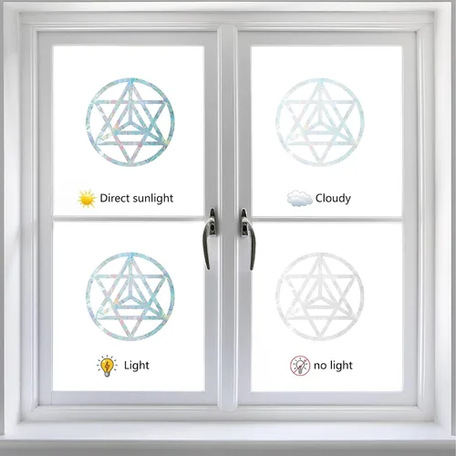 Vista 4 de GORGECRAFT 16 calcomanías de alerta de cristal de arco iris de geometría sagrada para ventanas, diseño de flores de la vida, anticolisión