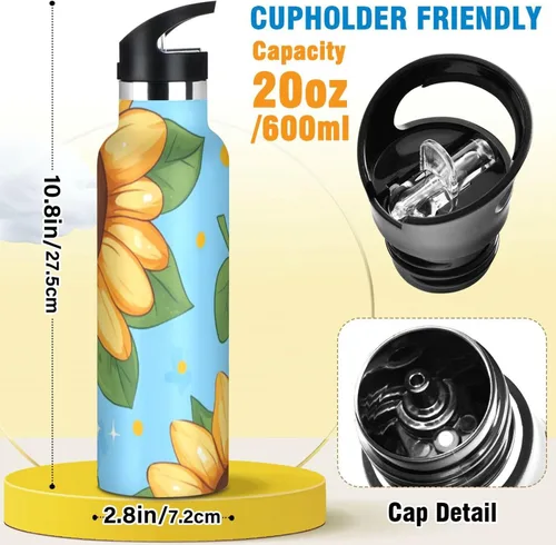 Vista 2 de Cartoon Fuuny Sunflower Lightweight Reusable Water Bottle Insulated with Straw Lid Double Wall Vacuum Insulated Bike Running Sports Travel Gym termo