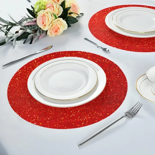 Vista 6 de Juego de 4 manteles individuales redondos de lentejuelas rojas con purpurina roja, juego de 4 manteles individuales de 15.4 pulgadas para cocina