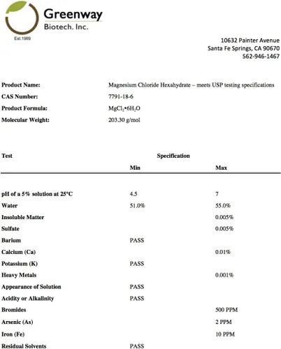 Vista 4 de Greenway Biotech, Inc. Suplemento USP de cloruro de magnesio orgánico 100% comestible Cloruro de Magnesio Comestible Powder (grado farmacéutico)