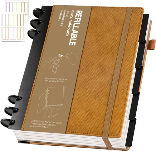 Vista 10 de Yoment - Cuaderno de diario de cuero para trabajo, recargable, 224 páginas, 100 GSM, papel grueso, cuaderno de 5 materias con separadores y pestañas