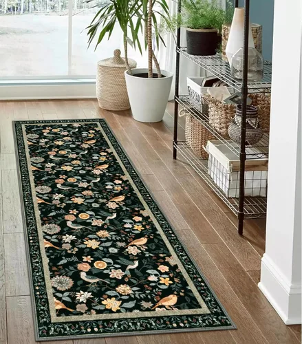 Vista 23 de Rugalia Alfombra de pasillo floral azul, alfombra lavable de 2 x 6 pies para pasillos, antideslizante, suave, de pelo bajo, con flores, pájaros, Rosa