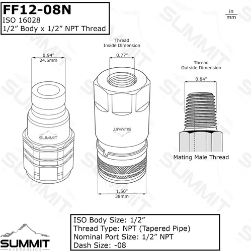 Vista 2 de Summit Hydraulics 1/2" Acopladores Hidráulicos de Conexión Rápida de Cara Plana para Dirección de Patín Bobcat Set con Tapas Antipolvo