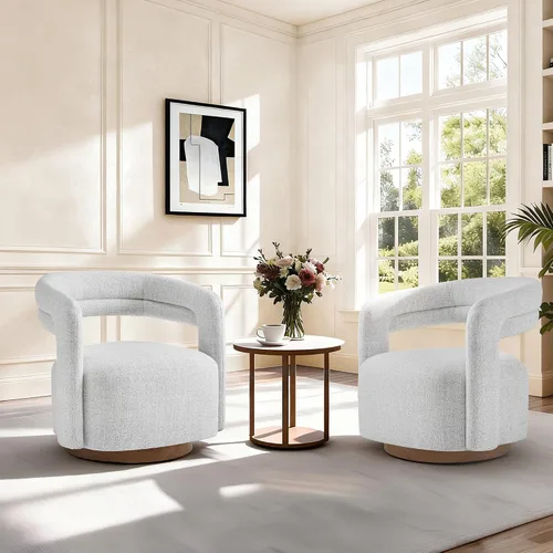 Vista 9 de Silla giratoria decorativa, silla de barril tapizada con diseño de respaldo abierto, silla moderna con base de madera para sala de estar Crema