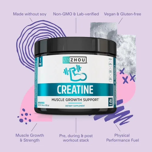 Vista 4 de Zhou Creatina - Monohidrato de creatina en polvo para mujeres y hombres, puro, sin sabor, suplemento vegano de fuerza muscular para tu