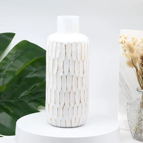 Vista 4 de AeraVida Florero de madera de mango teñido blanco de 10 pulgadas, diseño de gotas de lluvia, jarrón de madera de árbol de mango, jarrón de mesa