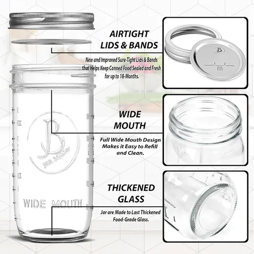 Vista 3 de Wide Mouth Mason Jars 24 oz - (6 Pack) - Clear Glass Pint and a Half Mason Jars With Airtight Lids and Bands. For Storage, Canning, Fermenting, Cold
