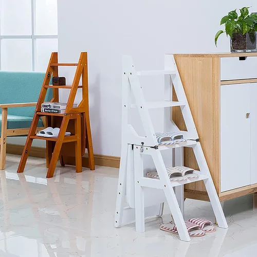 Vista 2 de Silla de escalera plegable de madera, taburete y silla 2 en 1, estilo rústico, perfecta para comedor, uso en interiores y exteriores, capacidad