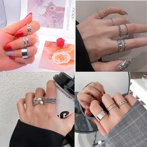 Vista 3 de 17Pcs Adjustable Punk Chain Rings Set Vintage Knuckle Gothic Rings Set Alloy Biker Obsidian Chain Open Rings Stackable Hollow Carved Finger Rings