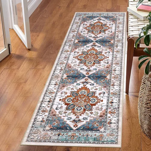 Vista 9 de Bsmathom Alfombra de pasillo para pasillos, antideslizante, lavable, estilo bohemio, 2 x 6 pies, alfombra de pelo bajo, alfombra vintage para Azul