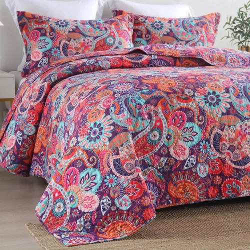 Vista 2 de VISIMISI - Juego de colchas de algodón, juego de cubrecama reversible con estampado floral de cachemira bohemio, patrón rojo bohemio hermoso