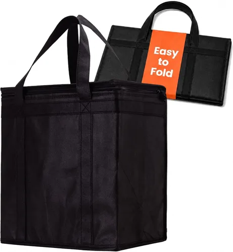 Vista 29 de Bolsa térmica XXL aislada y calentador de alimentos para entrega y compras de comestibles con parte superior con cremallera, color negro