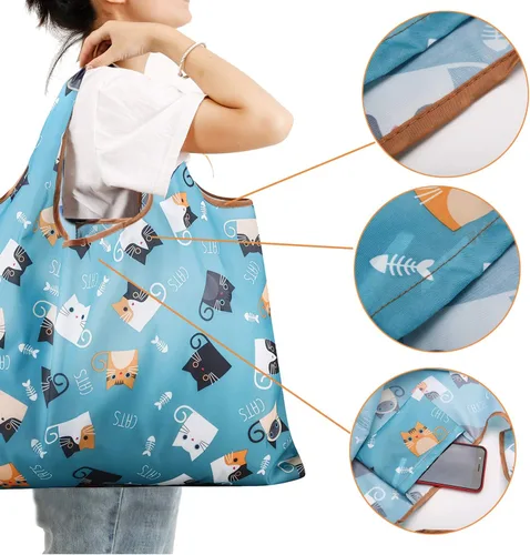 Vista 4 de Gophra - Bolsa de comestibles reutilizable, paquete de 2 unidades, grande, lavable, plegable, respetuosa con el medio ambiente, de nailon
