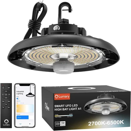 Vista 10 de Lumary Smart Bluetooth UFO LED High Bay Light Sensor de movimiento de 100 W, 16,000 lm 5000 K regulables luces de garaje para taller, compatible