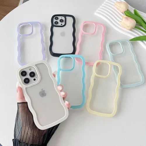 Vista 6 de Caseative Funda para iPhone 13 Pro, color negro Forma de marco de onda rizada linda a prueba de golpes suave
