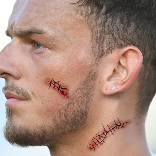 Vista 4 de NEDEQI - 20 hojas de tatuajes temporales de zombi de Halloween, tatuajes de sangre falsos de cicatriz de Chucky, impermeables, realistas, puntadas