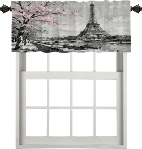 Vista 105 de Cortinas opacas de cocina con pintura al óleo de Europa rosa y negra para ventanas, cenefas opacas modernas de torre Eiffel de poliéster multicapa