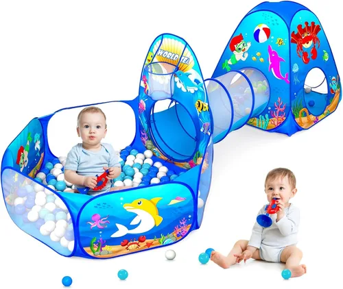 Vista 12 de PigPigPen Tienda de campaña 3 en 1 para niños con túnel de juego y pozo de bolas, juguetes para niños y niñas, juguetes de casa