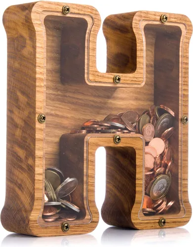 Vista 16 de Alcancía de madera personalizada con letra para niños, niñas y adultos, bancos de monedas de madera de roble duradero, 3 tamaños para elegir