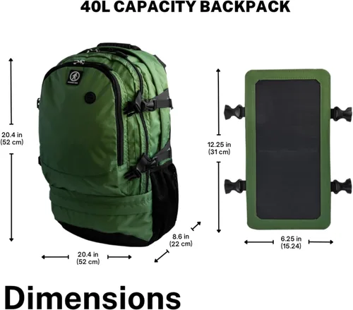 Vista 4 de Outdoor Tech - Mochila solar Mountaineer - Mochila resistente para exteriores de 40L con panel solar flexible y desmontable de 6.5 W para cargar
