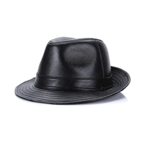 Vista 8 de Sombrero de cuero negro para hombre, sombrero de cuero de oveja vintage, sombrero clásico de cuero de Fedora de caballero para hombre, sombrero