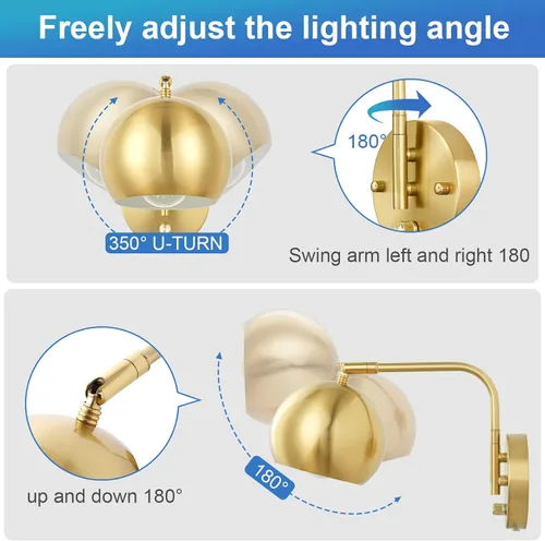 Vista 4 de VATONI Aplique de Pared Regulable Enchufable con Brazo Articulado, Luces de Pared con Cable de Enchufe y Interruptor de Perilla Regulador