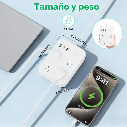 Vista 6 de Adaptador de enchufe de viaje europeo, regleta europea con 4 salidas de CA, 1 USB C y 2 puertos USB, adaptador de enchufe de Europa a EE. UU. Tipo C