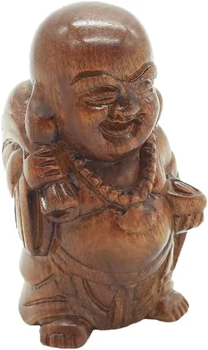 Vista 6 de Estatua de cabeza de Shakyamuni de Buda sonriente meditante, hecha a mano, de madera, anhelada a mano, decoración de buena suerte, regalo