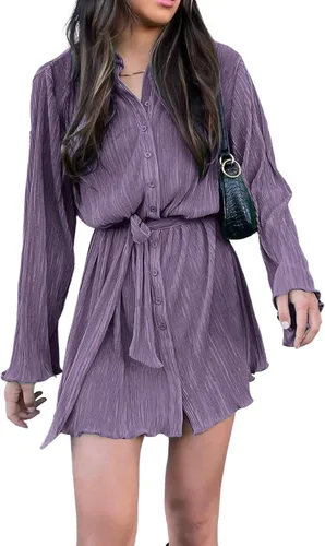 Vista 3 de LYANER Vestido camisero plisado de manga larga con cuello en V y botones para mujer con cinturón