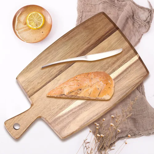 Vista 5 de La mejor tabla de cortar de madera de acacia con mango Tabla de charcutería de madera, tablas de cortar para pan, tablas de cortar carne, tabla