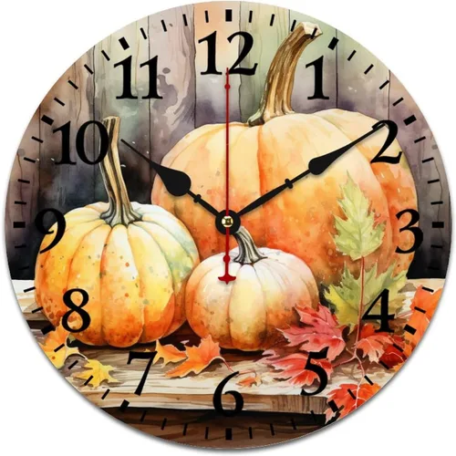 Vista 13 de Reloj de pintura de tinta acuarela amarillo verde calabazas hojas redondo creativo reloj decorativo sin tictac Acción de Gracias o Halloween reloj