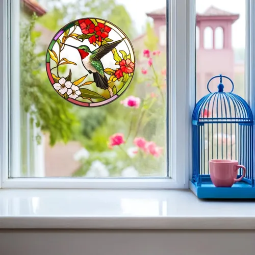 Vista 7 de VOSAREA Adhesivo para ventana de vitrales, diseños de colibríes y pájaros, calcomanías anticolisión, vinilo no adhesivo